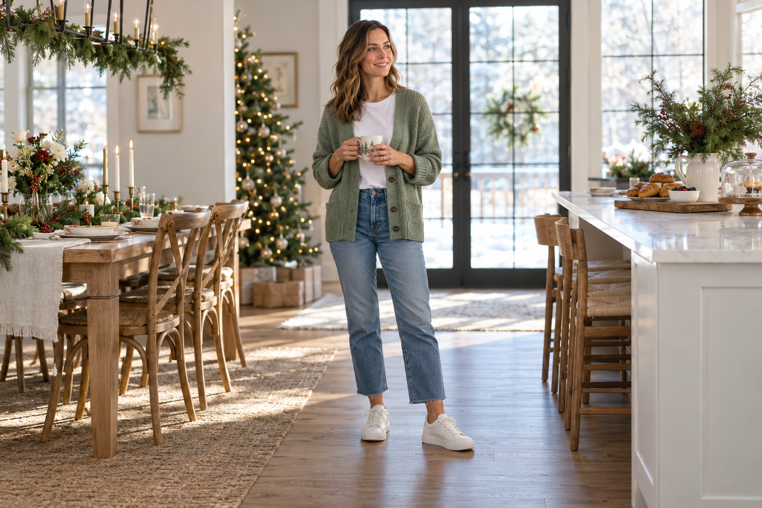 Sage cardigan, white T-shirt, cropped blue jeans, and white sneakers for Christmas brunch
