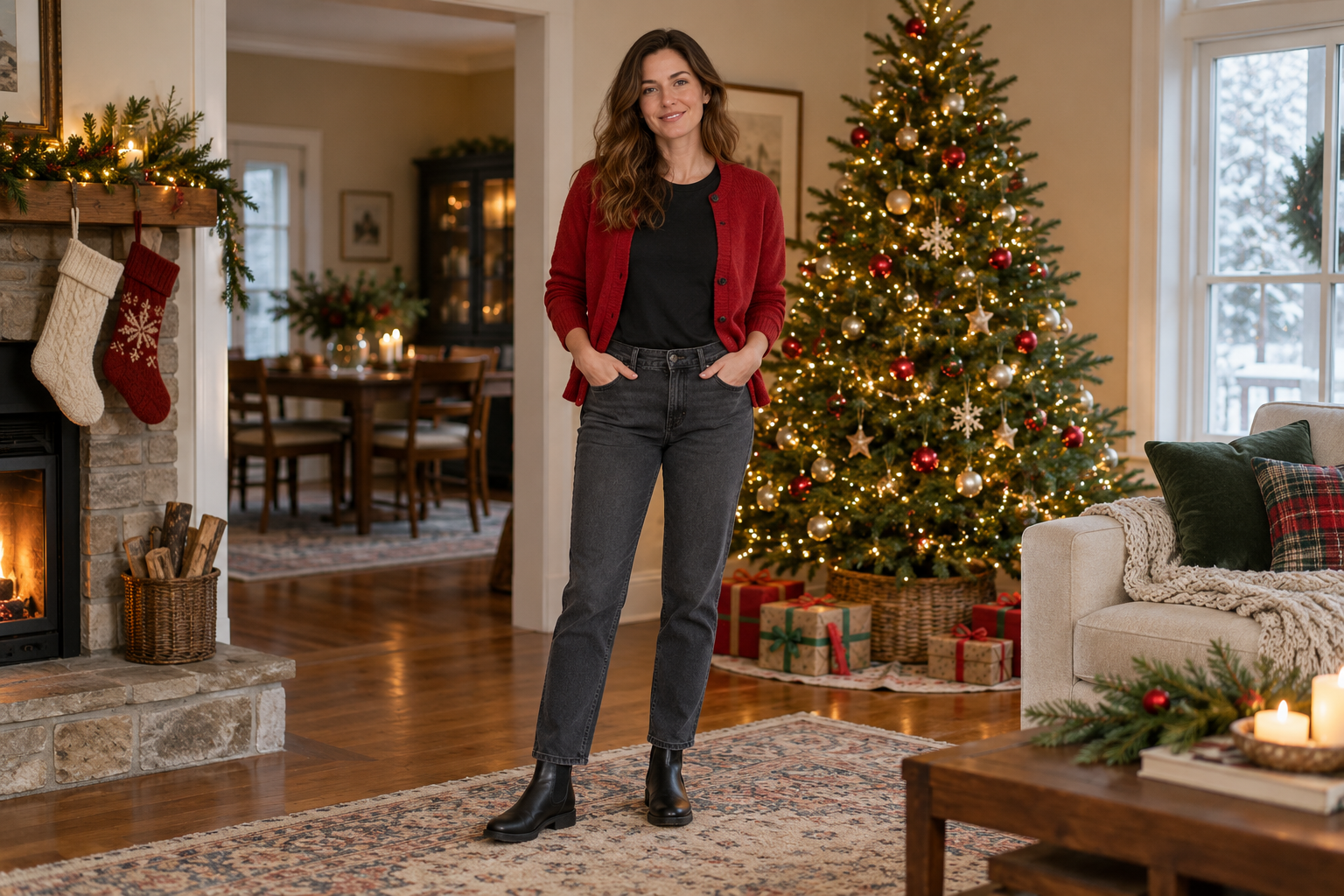 Red cardigan, black T-shirt, charcoal jeans, and black Chelsea boots beside a Christmas tree