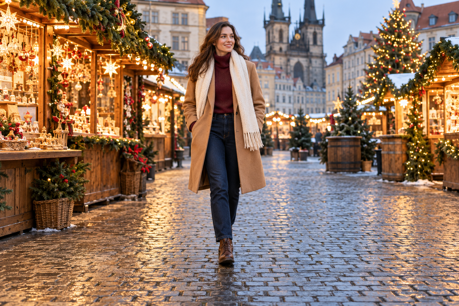 Camel coat, burgundy turtleneck, dark jeans, brown boots, and cream scarf at a Christmas market