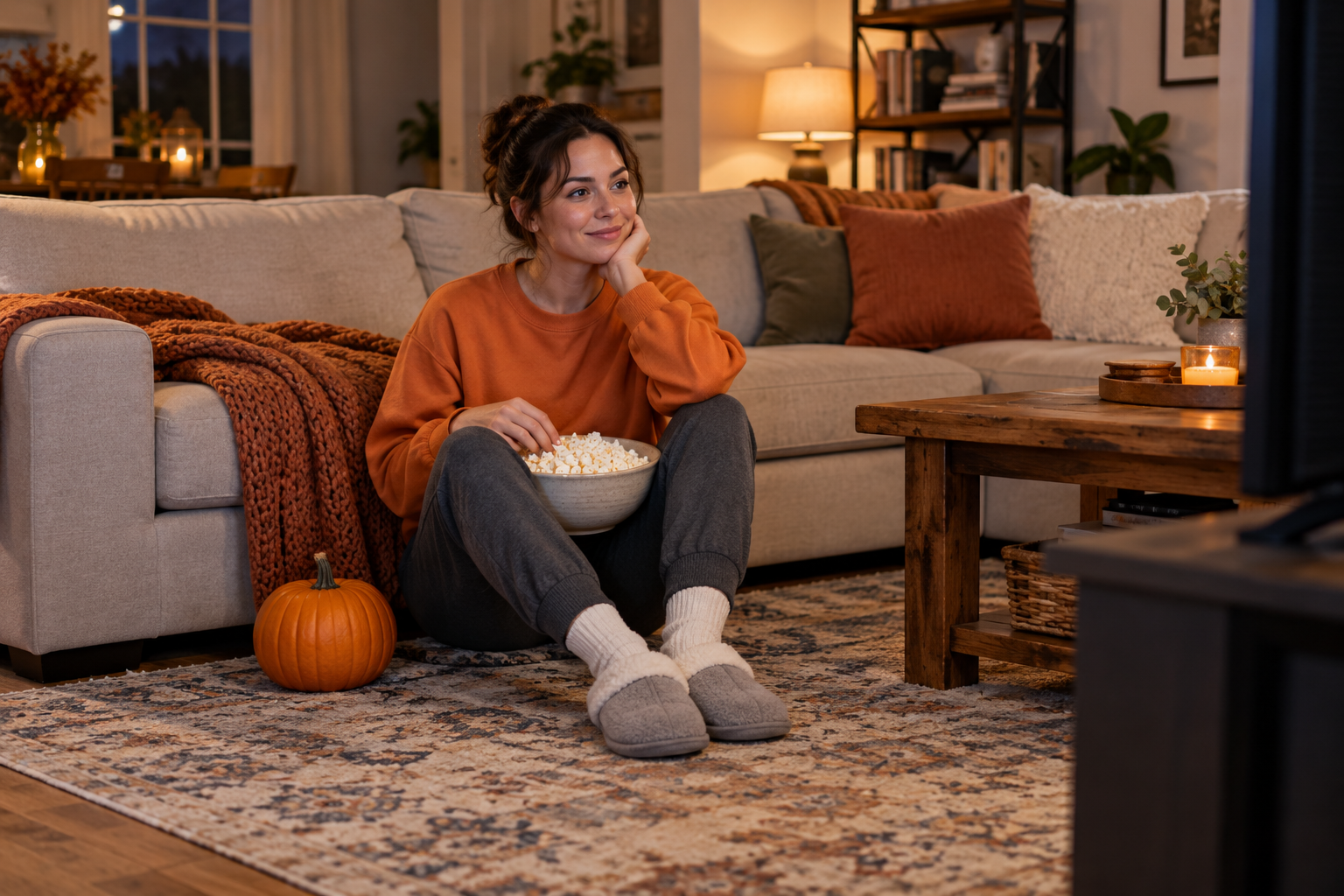 Pumpkin-orange sweatshirt, charcoal joggers, cream socks, and gray slippers for a Halloween movie night