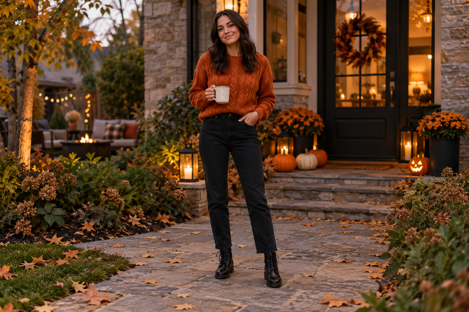 Burnt-orange cable-knit sweater, straight black jeans, and black lace-up boots for a casual Halloween gathering
