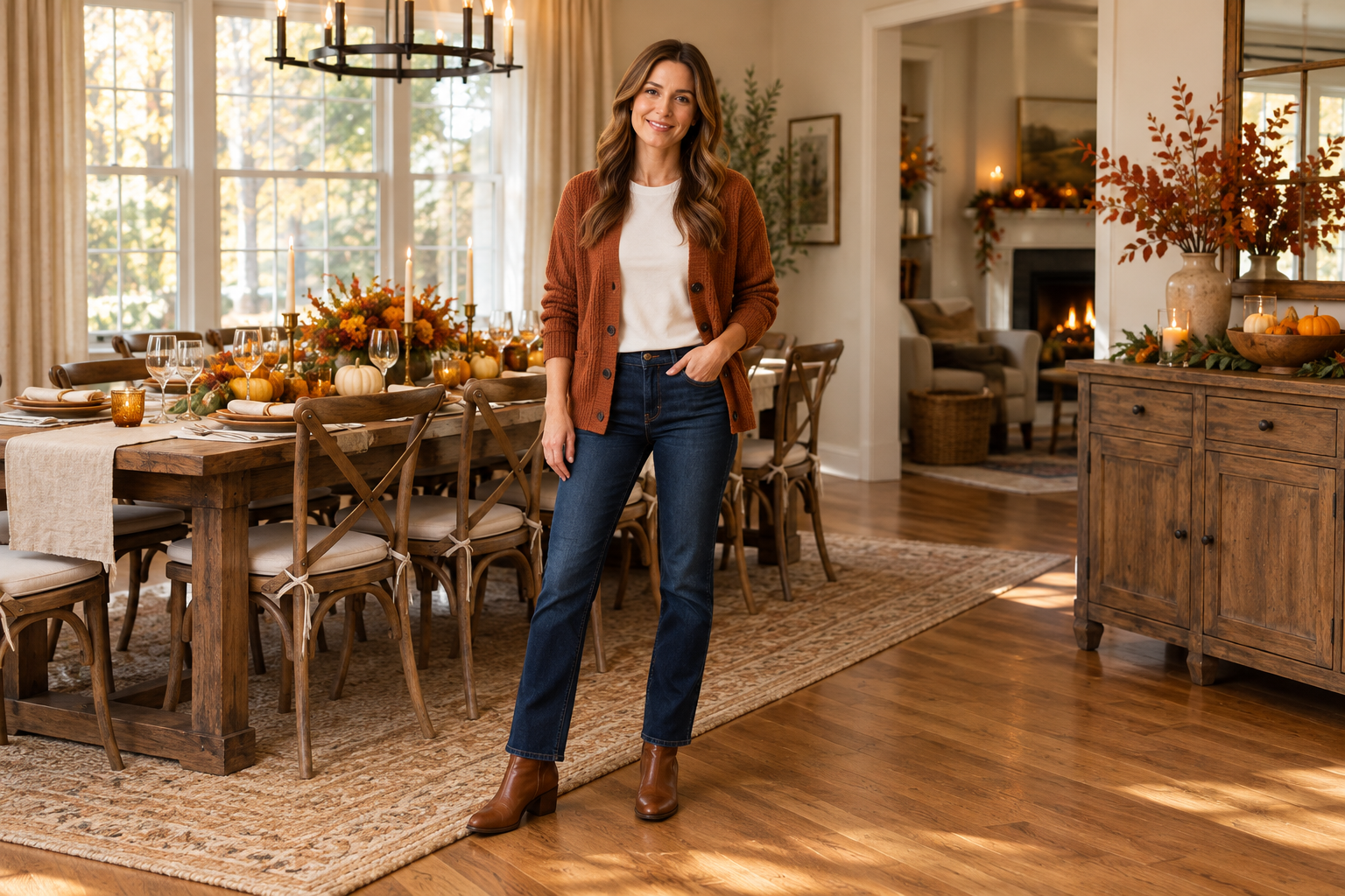 Rust cardigan, ivory T-shirt, dark jeans, and brown ankle boots for Thanksgiving