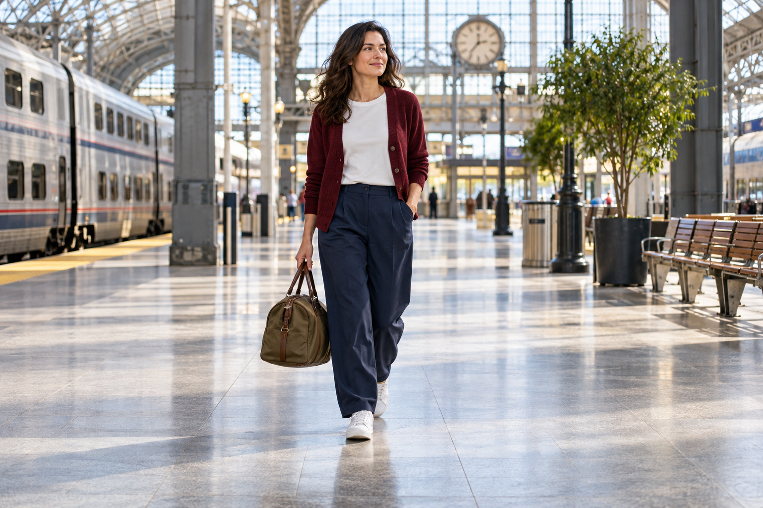 Burgundy cardigan, ivory T-shirt, navy trousers, and white sneakers for Thanksgiving travel