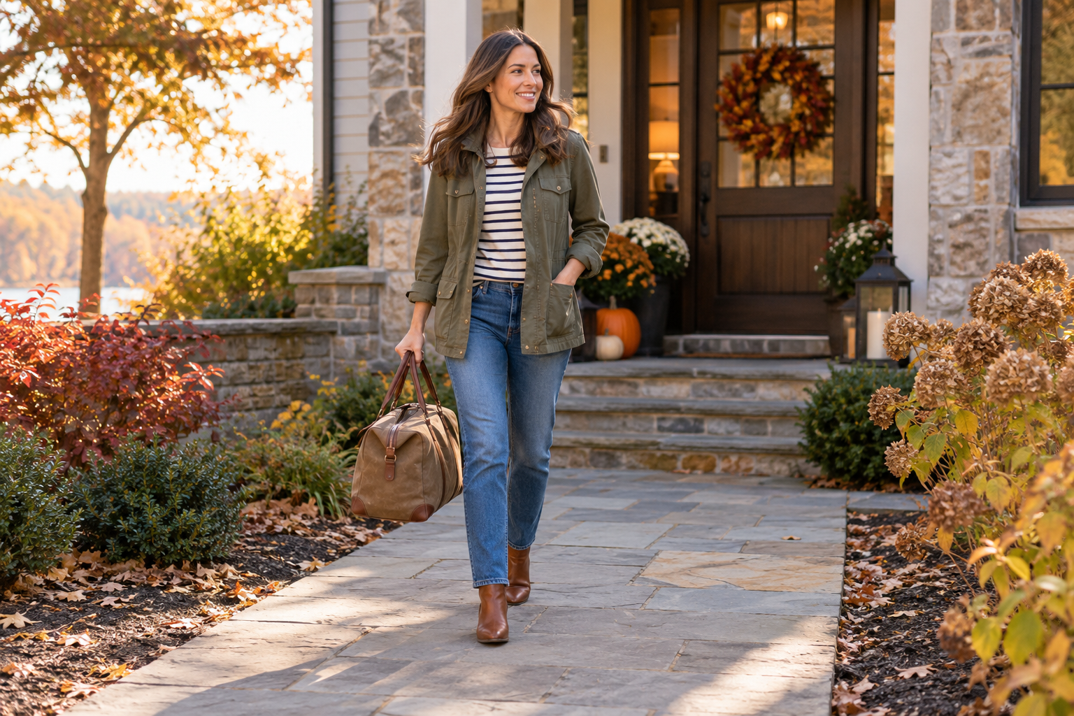 Olive jacket, striped T-shirt, blue jeans, and cognac ankle boots for Thanksgiving weekend