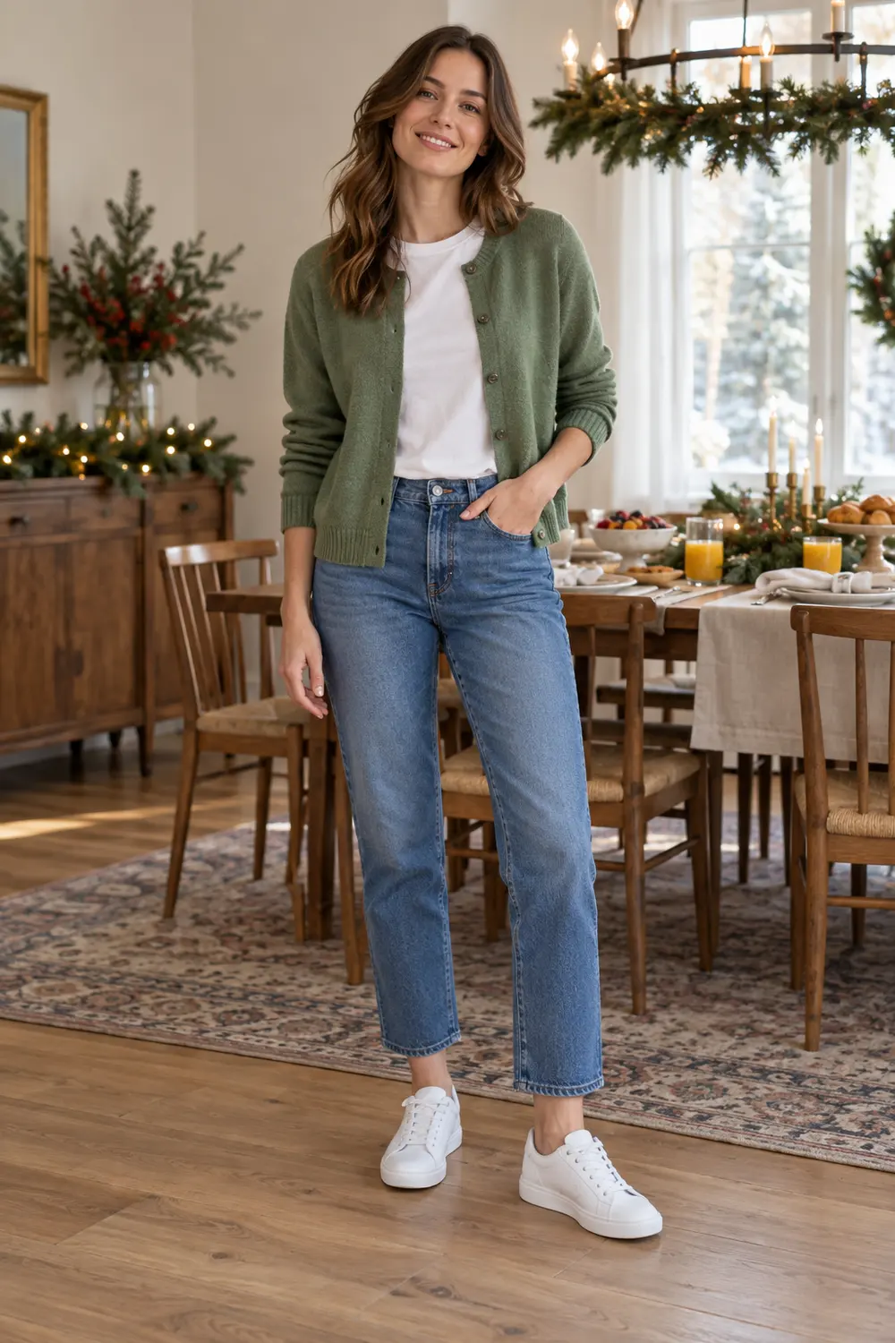 Sage cardigan over a white tee with cropped blue jeans and white sneakers