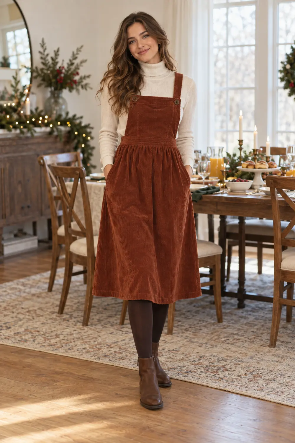 Rust corduroy midi pinafore over a cream turtleneck with brown tights and flat ankle boots