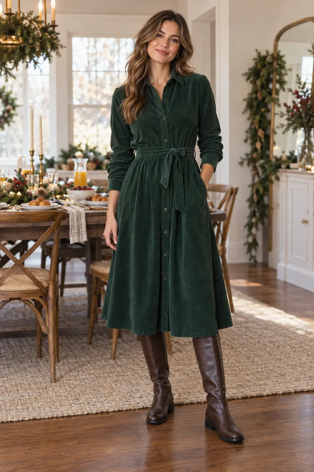 Forest green belted corduroy shirt dress with dark brown flat knee-high boots