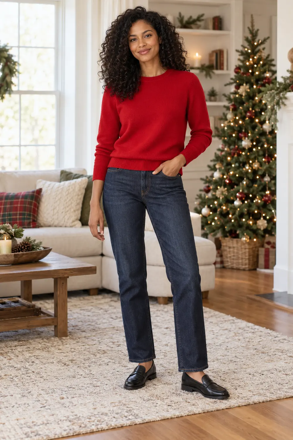Christmas dinner outfit ideas: cherry-red sweater, dark straight jeans, and black loafers