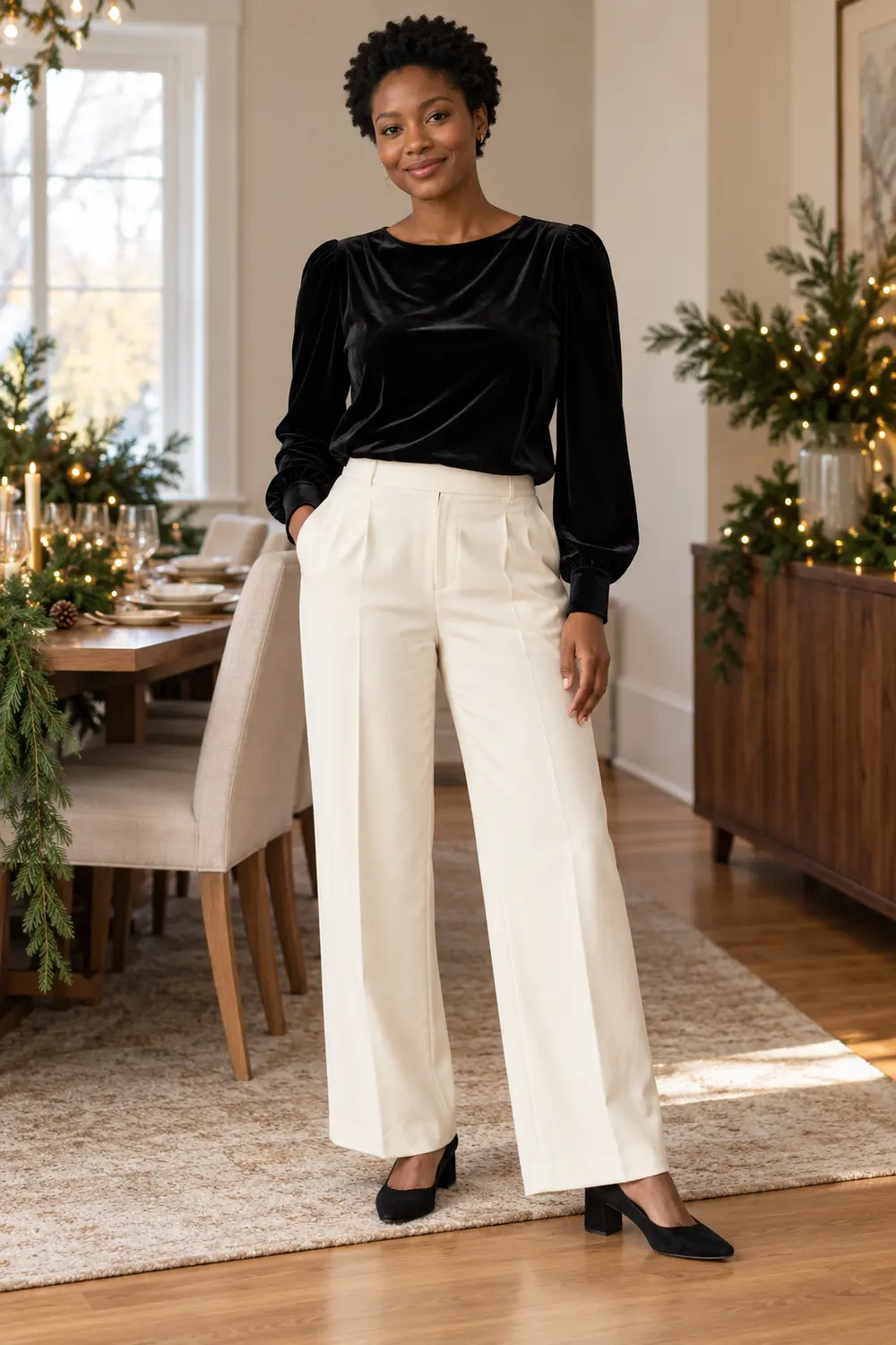 Black long-sleeve velvet blouse with cream wide-leg trousers and low black pumps