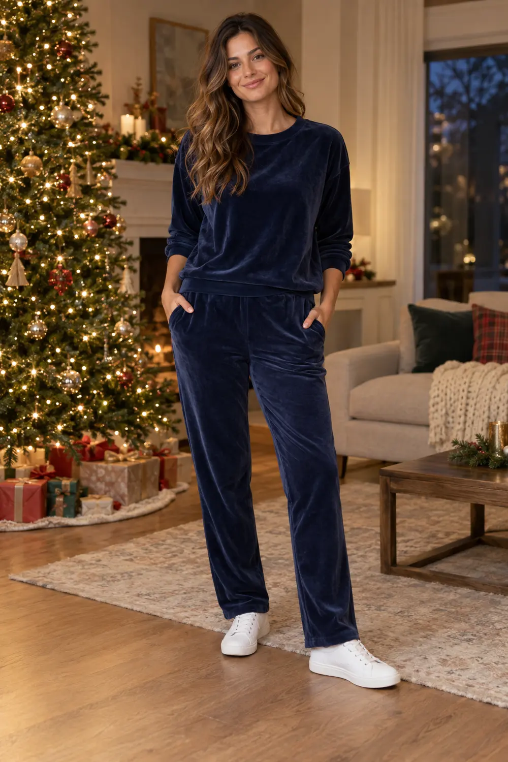 Navy velour crewneck sweatshirt and matching navy straight-leg velour trousers, plain white low-top sneakers