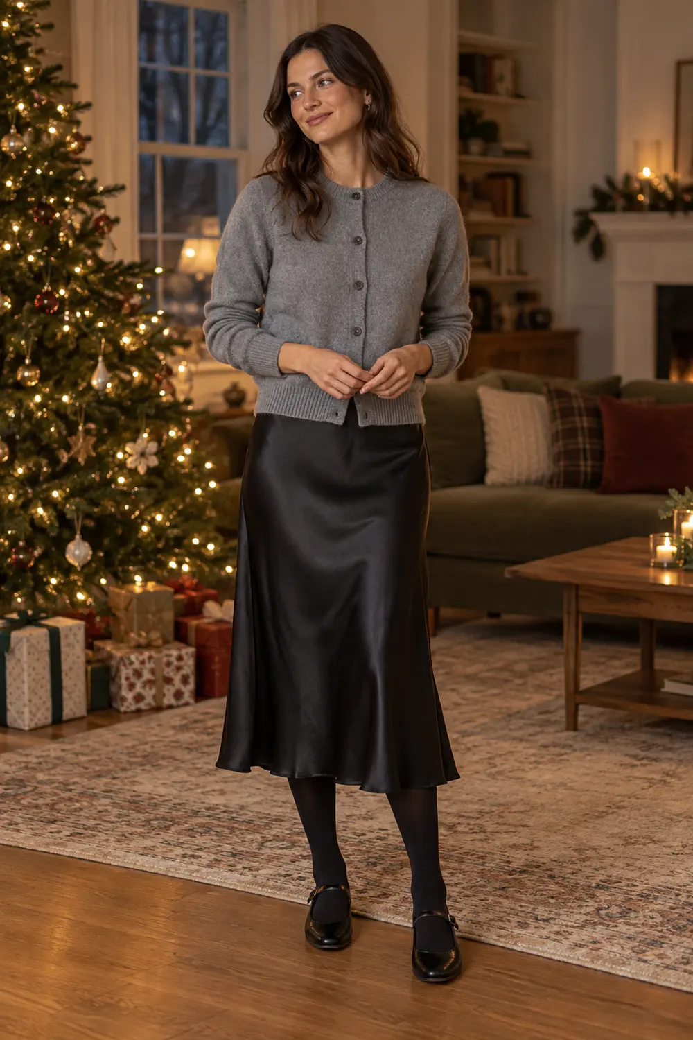 Soft gray buttoned wool cardigan, black satin bias-cut midi skirt, black opaque tights, black leather Mary Jane flats