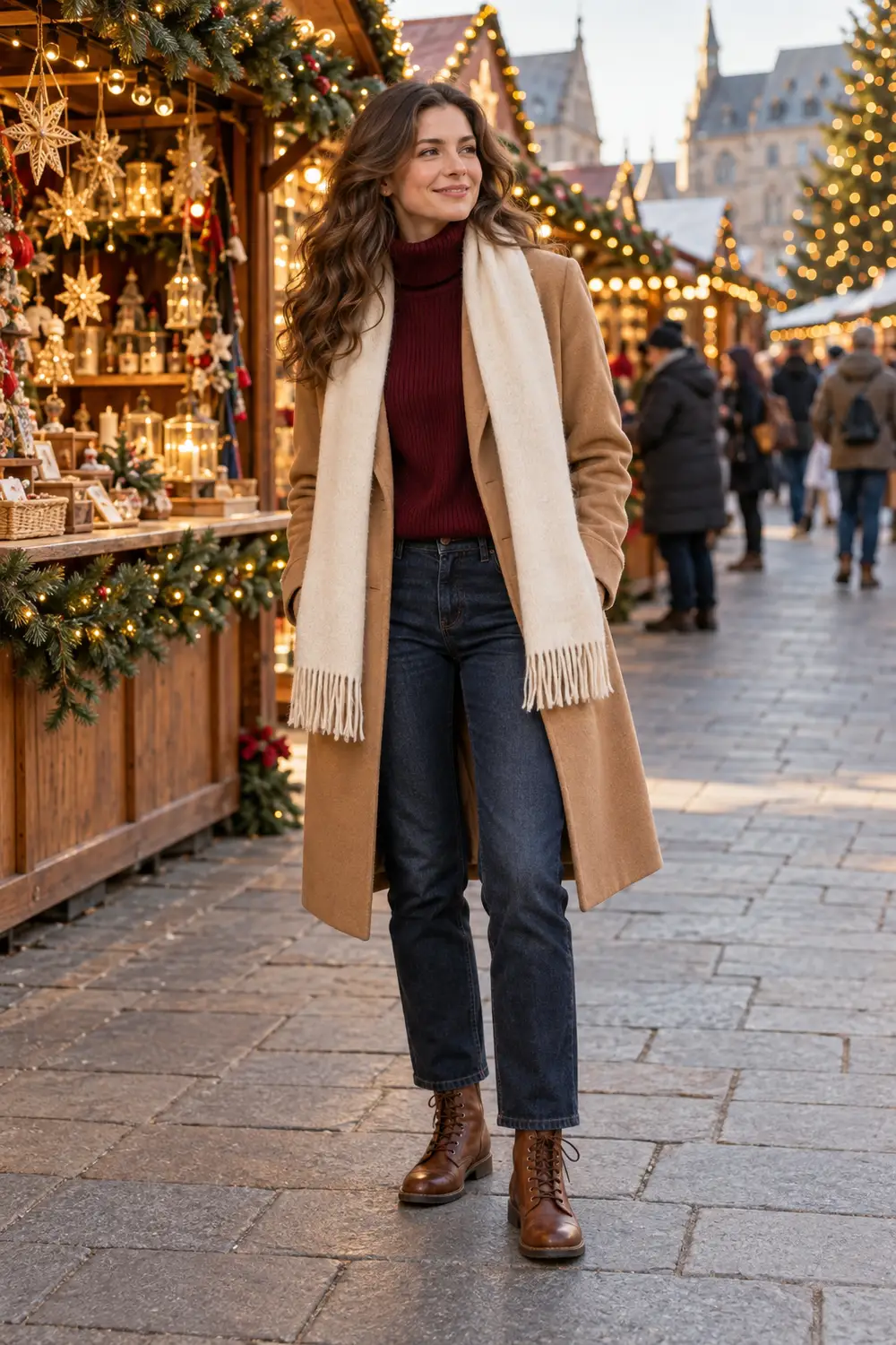 camel knee-length wool coat open over a burgundy turtleneck sweater, dark indigo straight jeans, brown flat lace-up leather boots, cream scarf