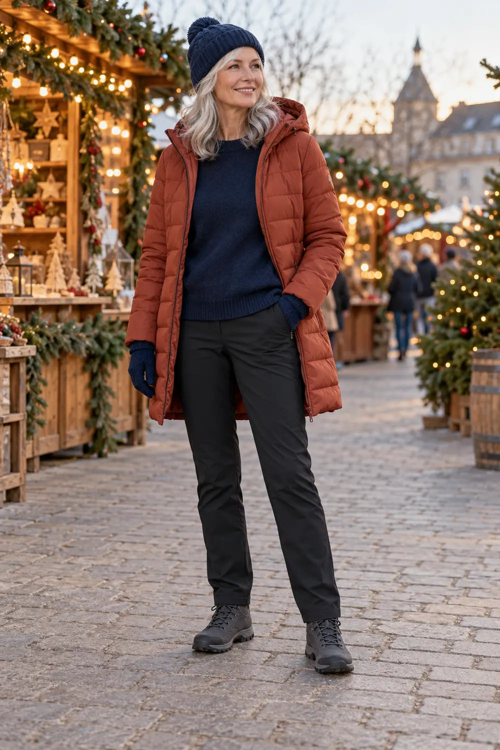 rust mid-thigh hooded puffer coat open over a navy crewneck sweater, black tapered walking trousers, charcoal flat walking boots, navy beanie and gloves