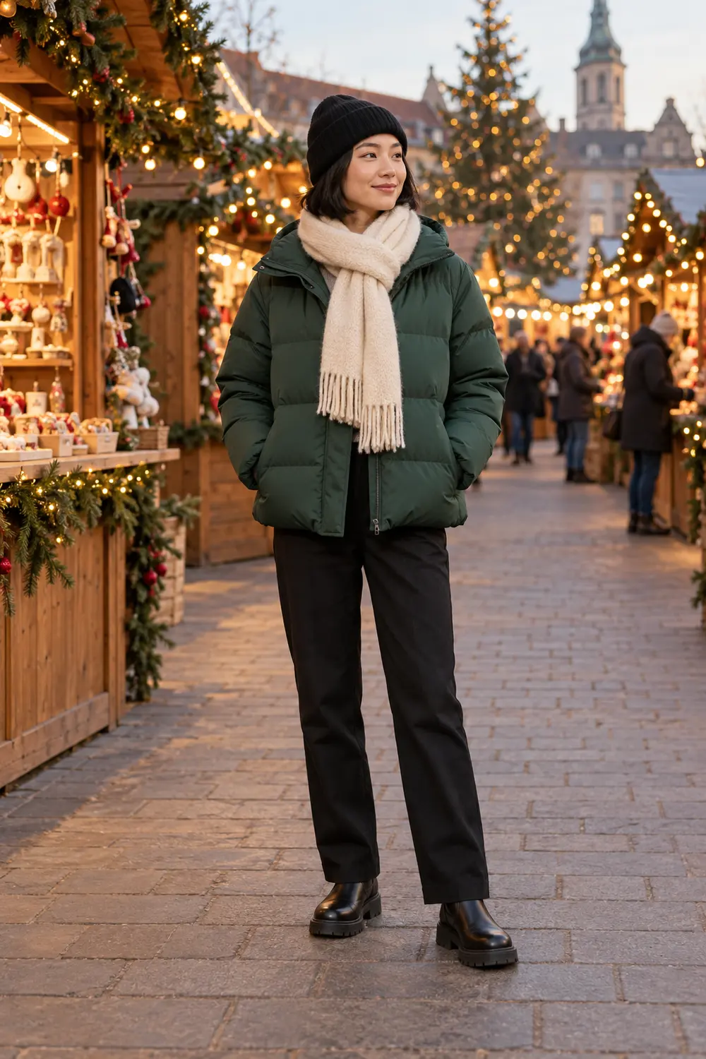 forest green hip-length puffer jacket, black straight-leg trousers, black lug-sole flat boots, cream wool scarf, black knit beanie