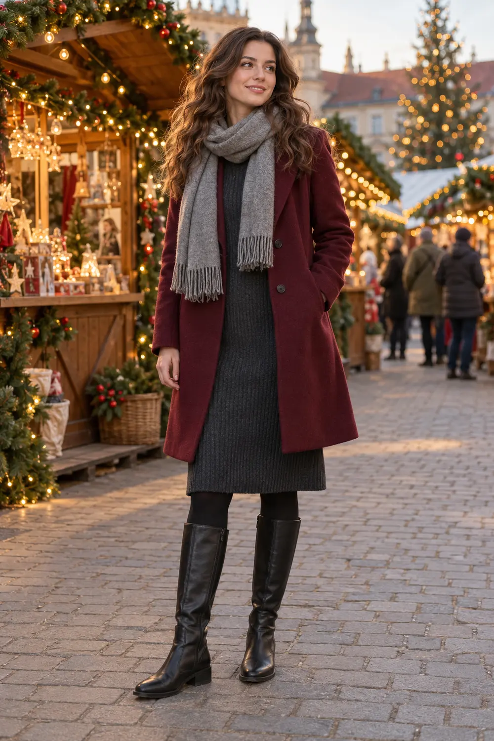 burgundy knee-length wool coat over a charcoal rib-knit midi dress, opaque black tights, black flat knee-high boots, gray scarf