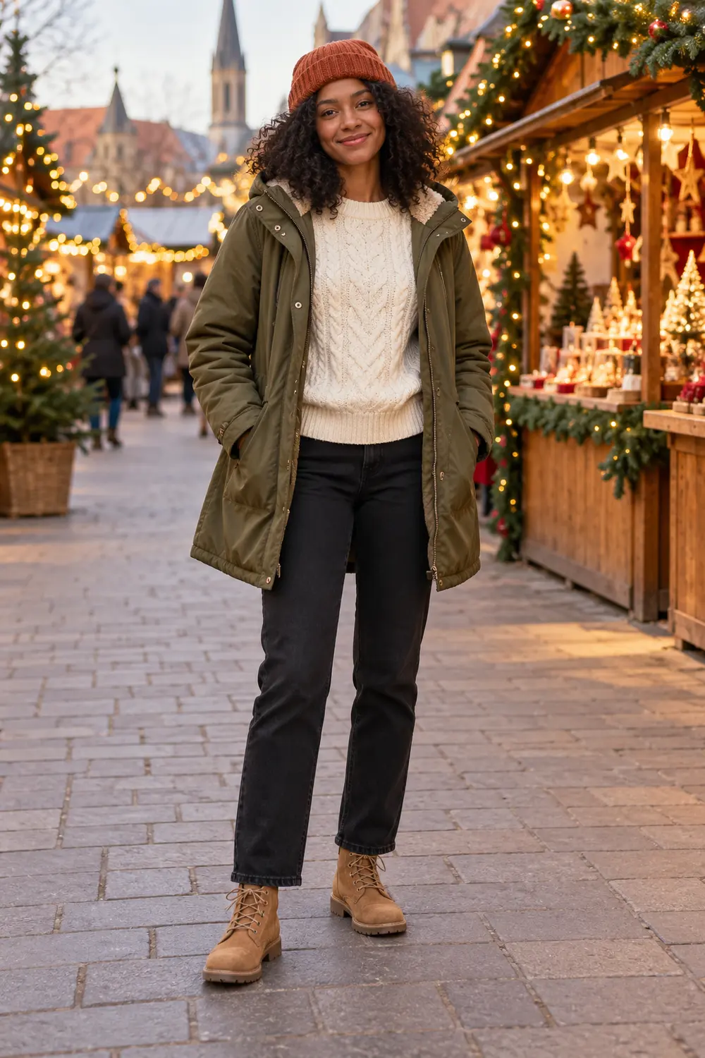 olive hooded parka open over a cream cable-knit sweater, black straight-leg jeans, tan flat lace-up boots, rust beanie