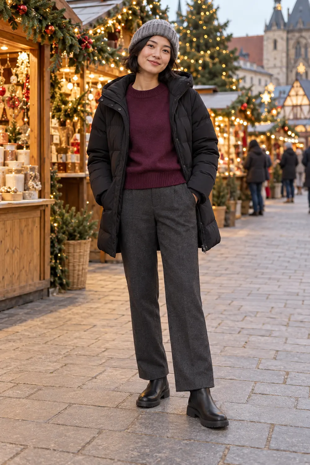 black mid-thigh puffer coat open over a plum crewneck sweater, charcoal straight-leg wool trousers, black flat Chelsea boots, gray beanie