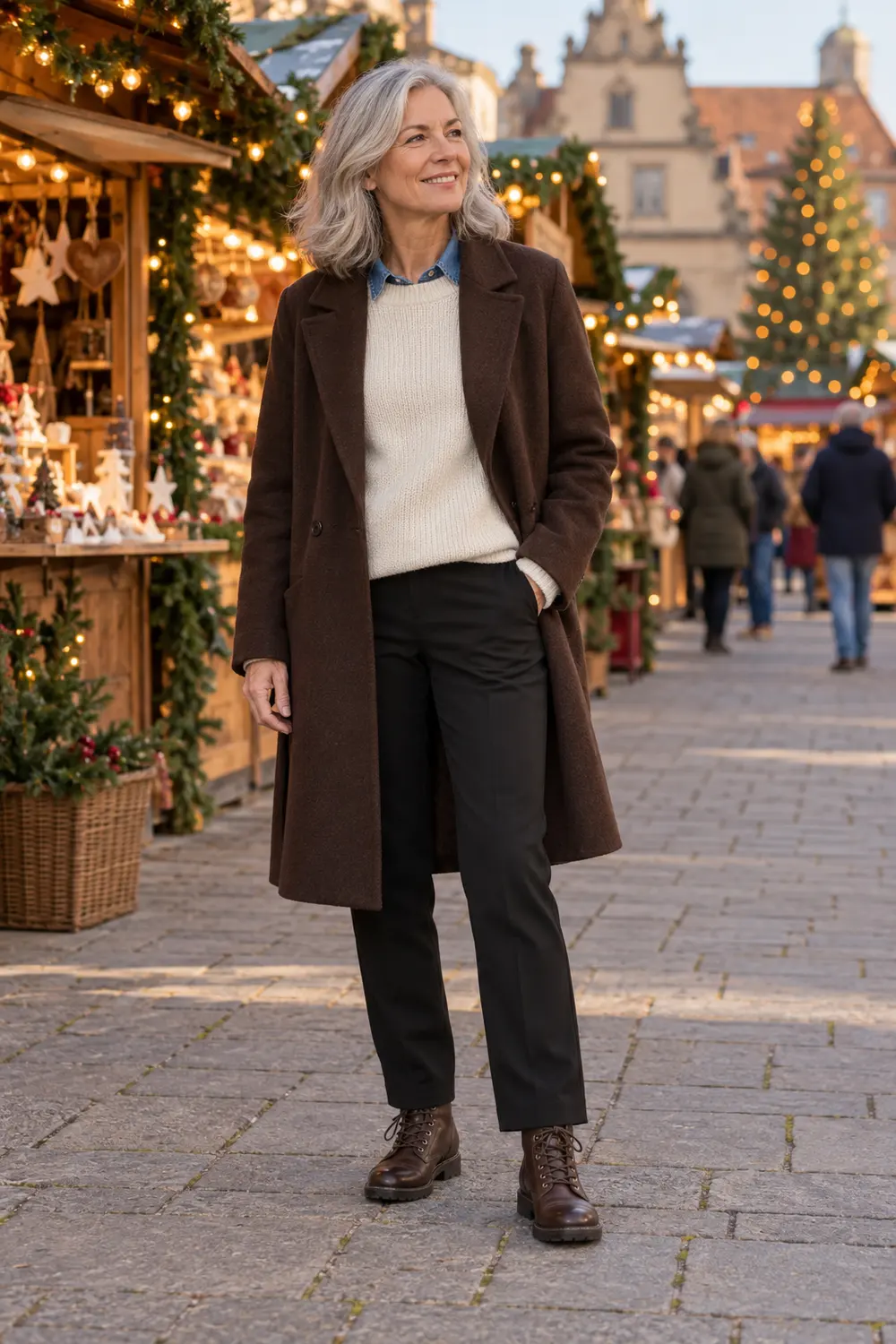 chocolate brown knee-length wool coat open over an ecru sweater with a blue denim shirt collar showing, black straight-leg trousers, dark brown flat lace-up boots