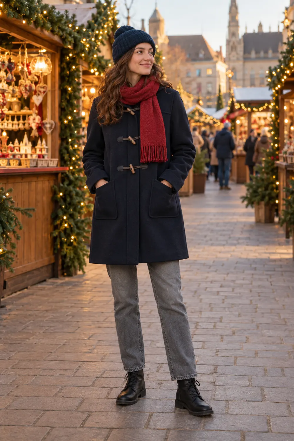 navy knee-length wool duffle coat with toggle fastenings, gray straight-leg jeans, black flat lace-up ankle boots, red wool scarf, navy beanie