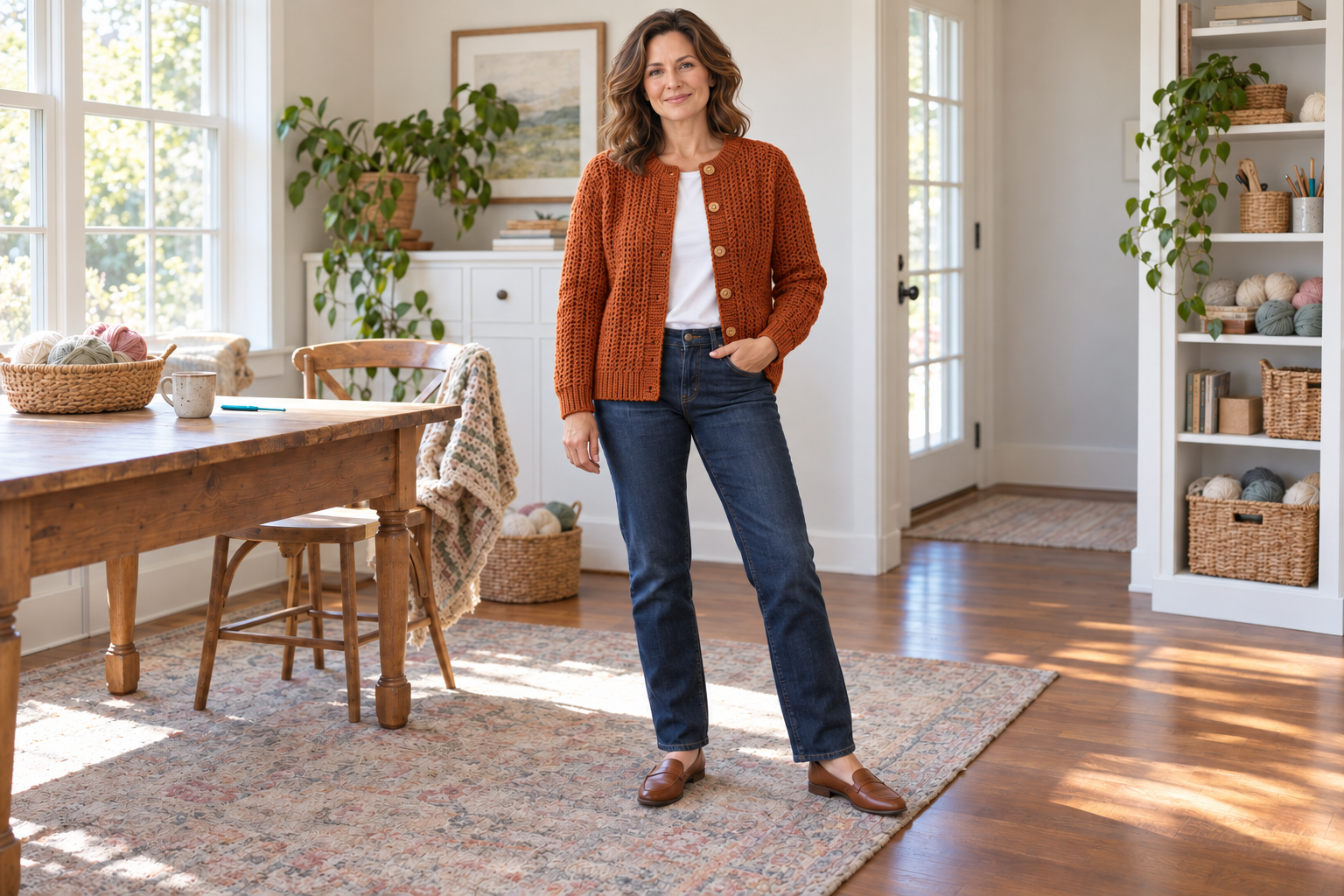 Woman wearing a burnt-orange crochet crew-neck cardigan with dark jeans and brown loafers