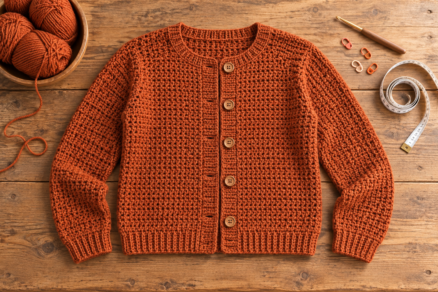 Burnt-orange crochet cardigan laid flat with yarn, hook, stitch markers, and measuring tape