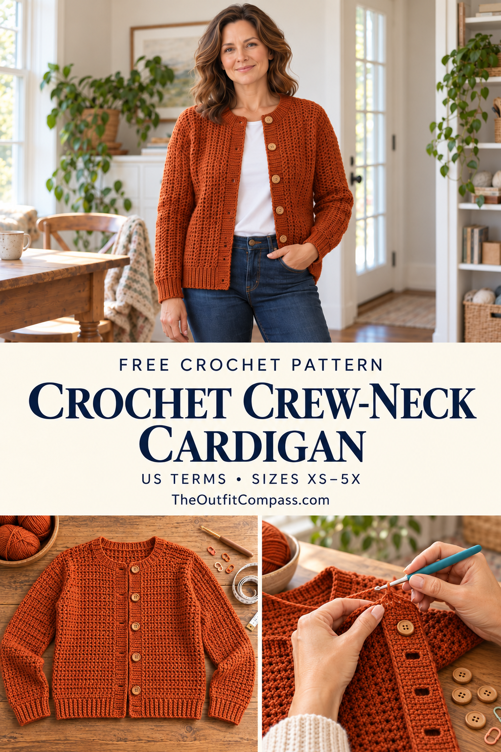 Pinterest pin for the crochet crew-neck cardigan pattern in US sizes XS to 5X
