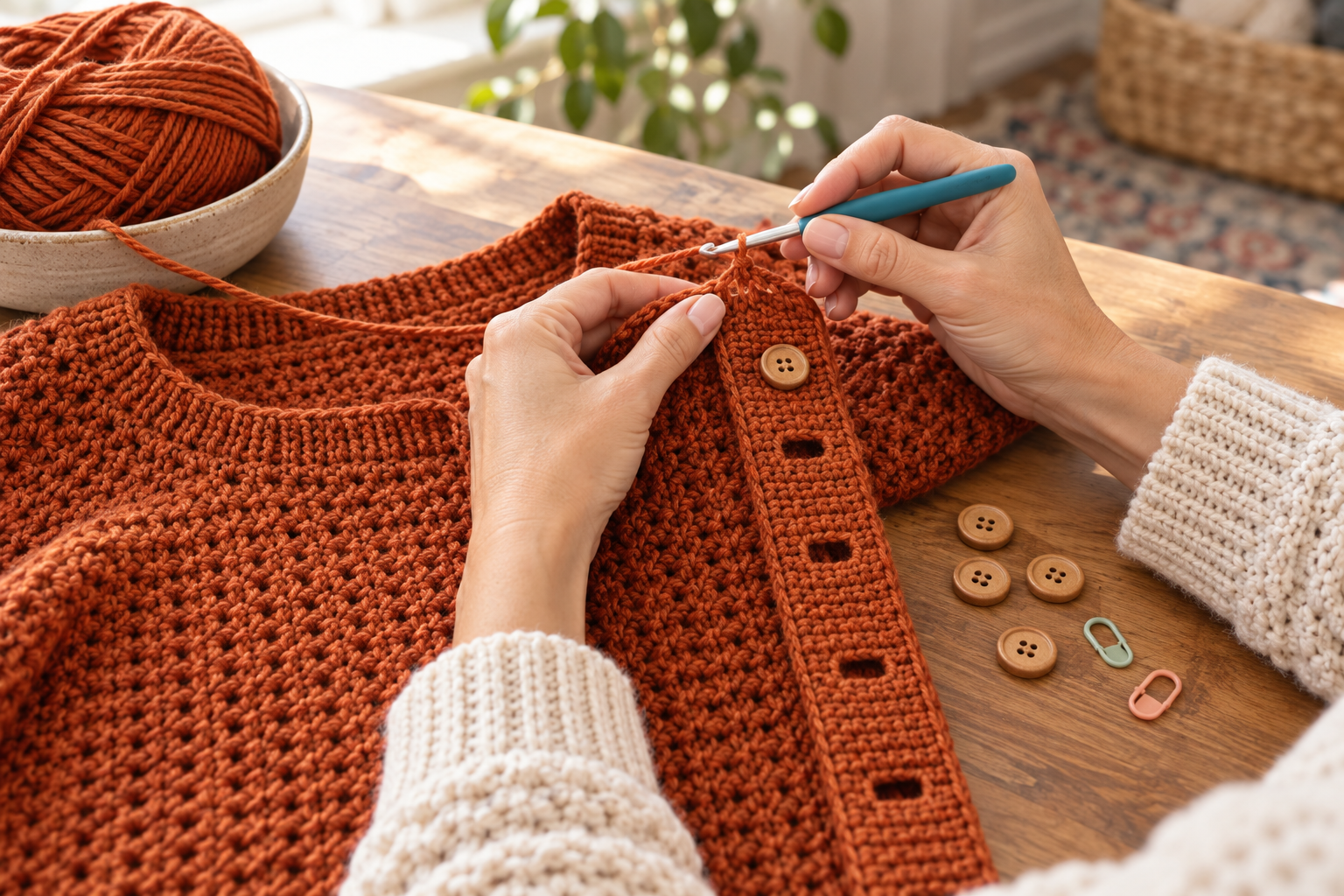 Hands crocheting the button band of a burnt-orange crew-neck cardigan