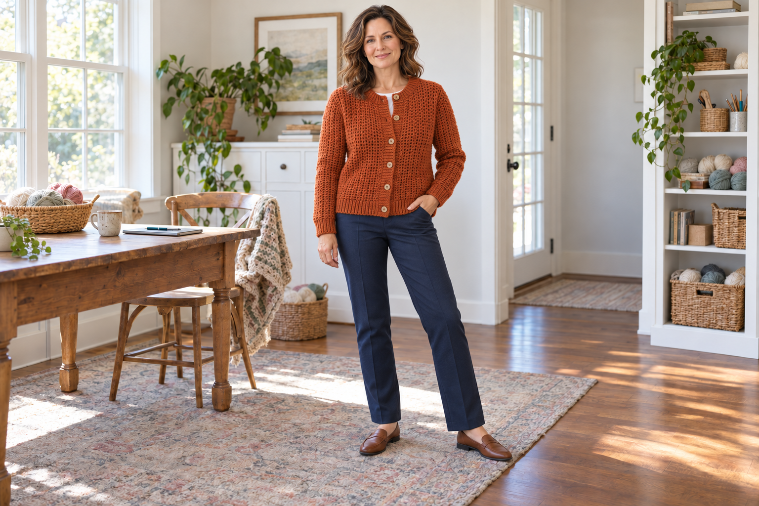 Woman styling a burnt-orange crochet crew-neck cardigan with navy trousers and loafers