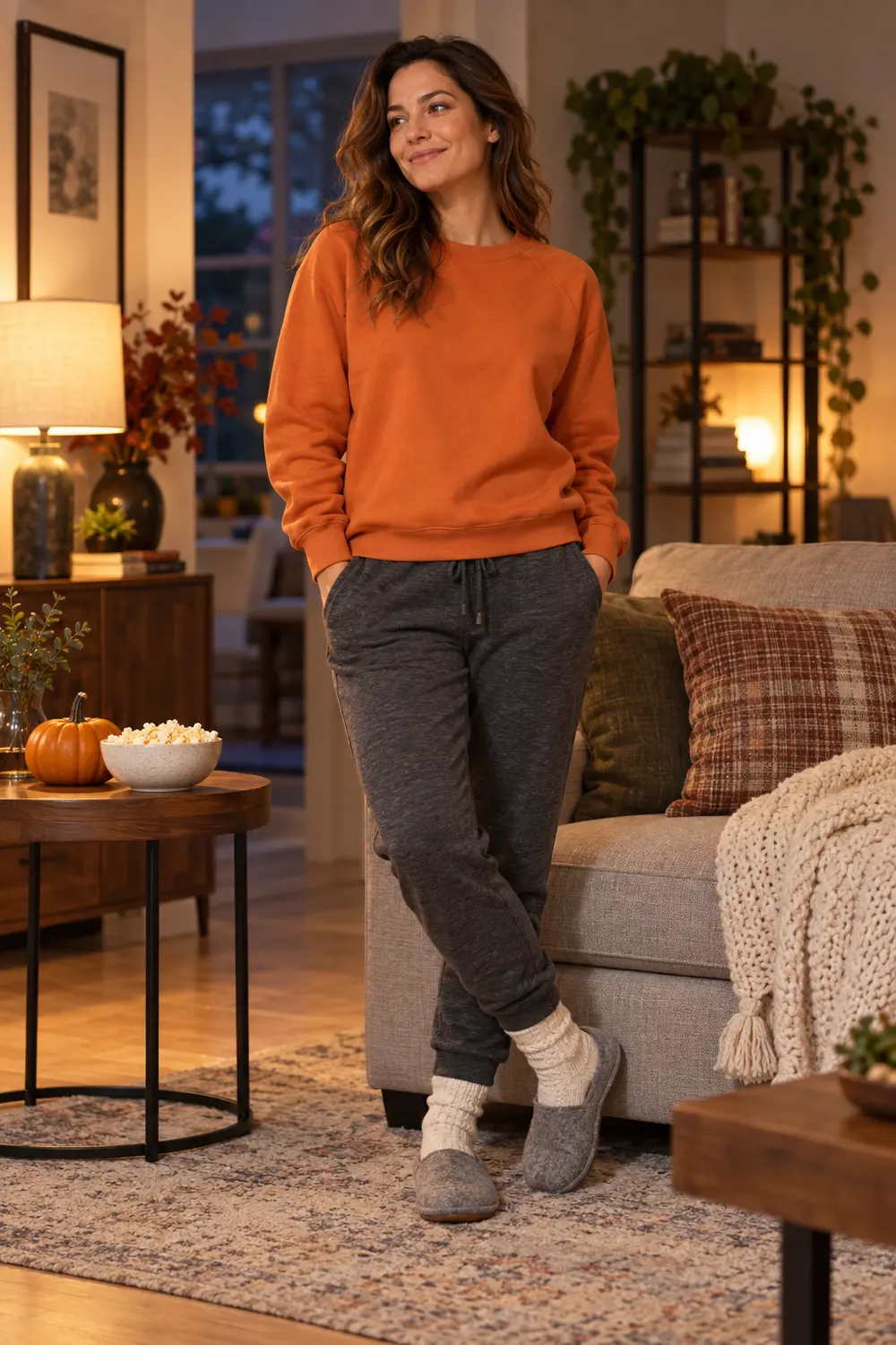 Halloween movie night outfit ideas: pumpkin sweatshirt, charcoal joggers, cream socks, and gray slippers
