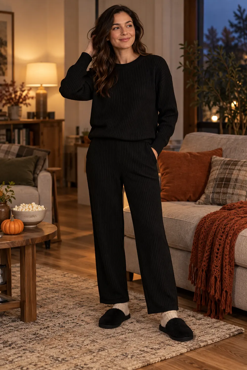 Black rib-knit long-sleeve crewneck sweater with matching black straight-leg knit trousers, oatmeal socks, black soft house slippers