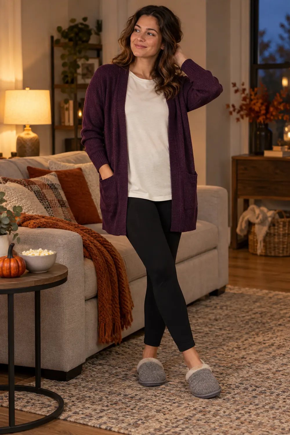 Plum purple open cotton cardigan over an ivory longline crewneck tee, opaque black ankle-length leggings, gray house slippers
