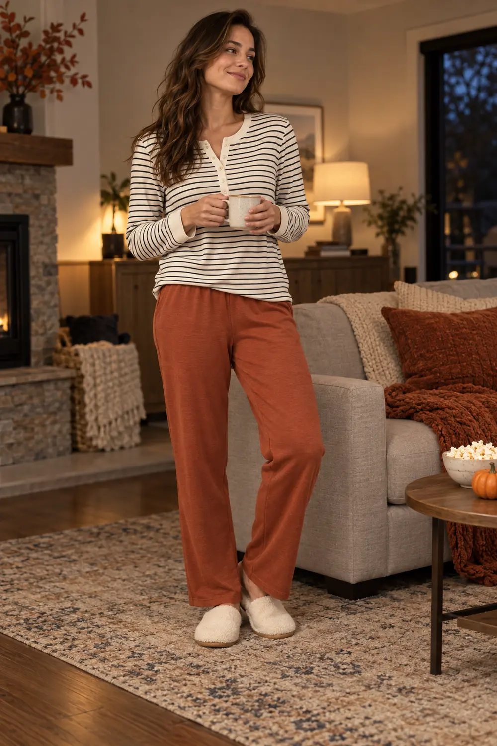 Ivory and black striped long-sleeve cotton henley, rust orange straight-leg jersey lounge trousers, cream felt slippers