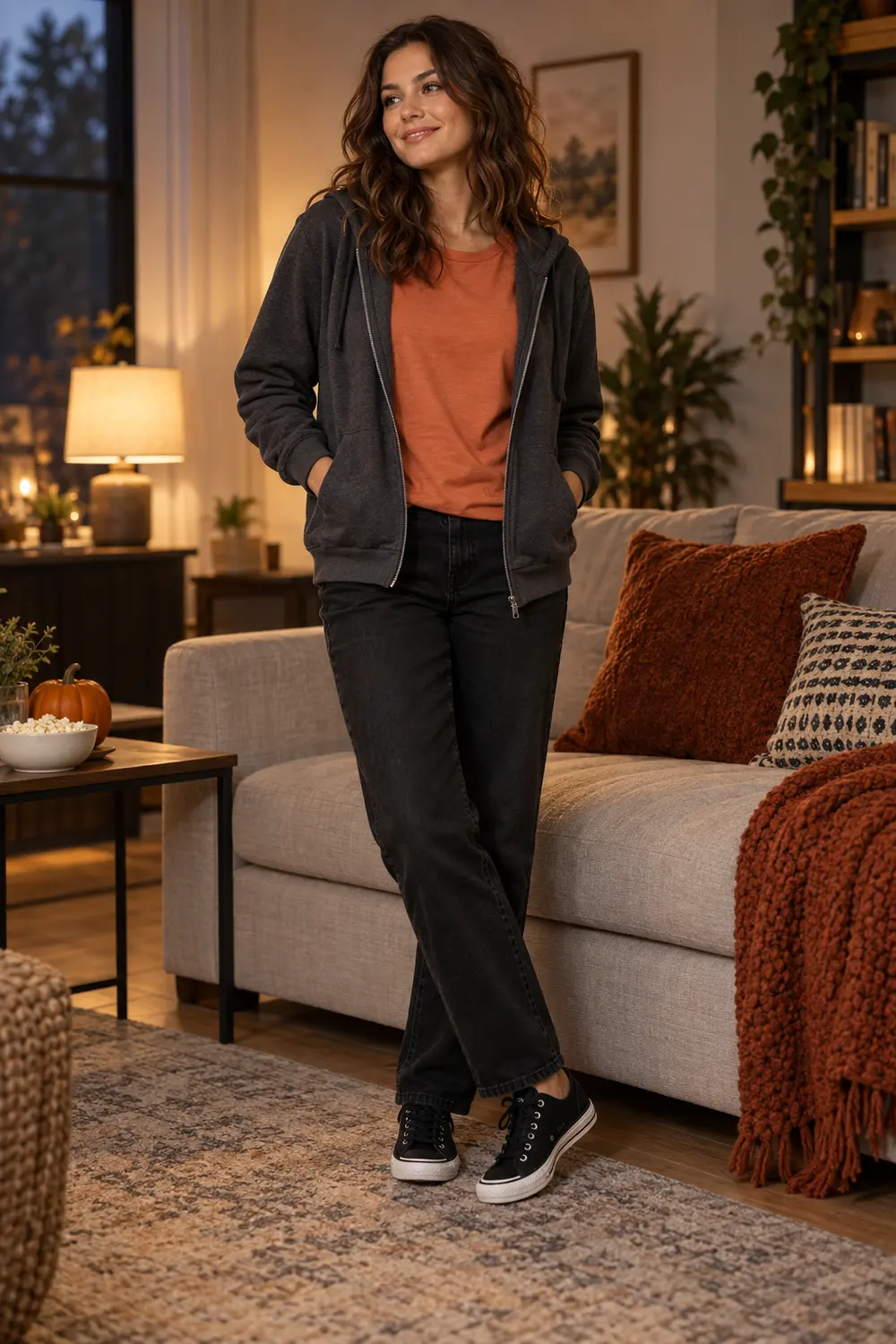 Charcoal zip hoodie worn open over a muted orange cotton tee, relaxed straight-leg black jeans, plain black canvas low-top sneakers