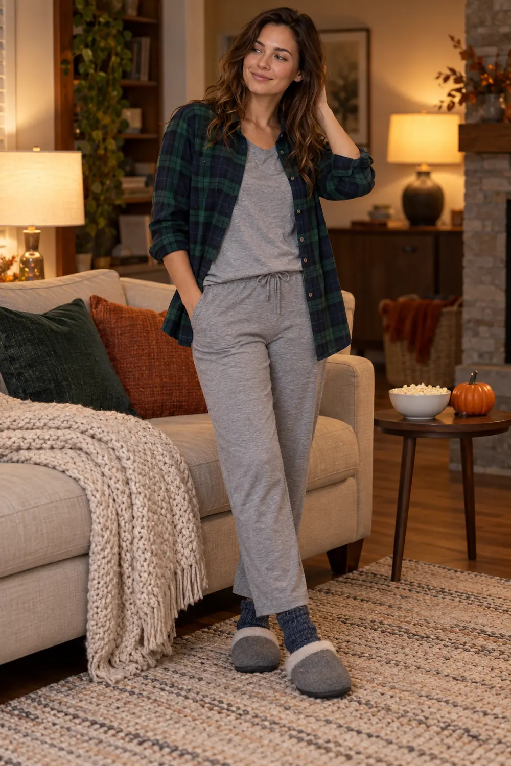 Forest green and navy check flannel shirt worn open over a gray cotton tee, gray straight-leg jersey lounge pants, navy knitted socks and gray slippers