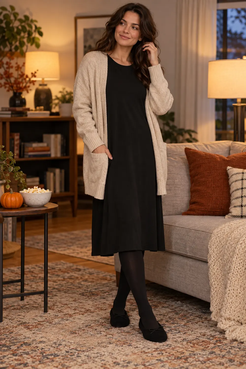Black long-sleeve relaxed jersey midi dress beneath an open oatmeal cotton cardigan, black opaque tights, black soft ballet-style house slippers
