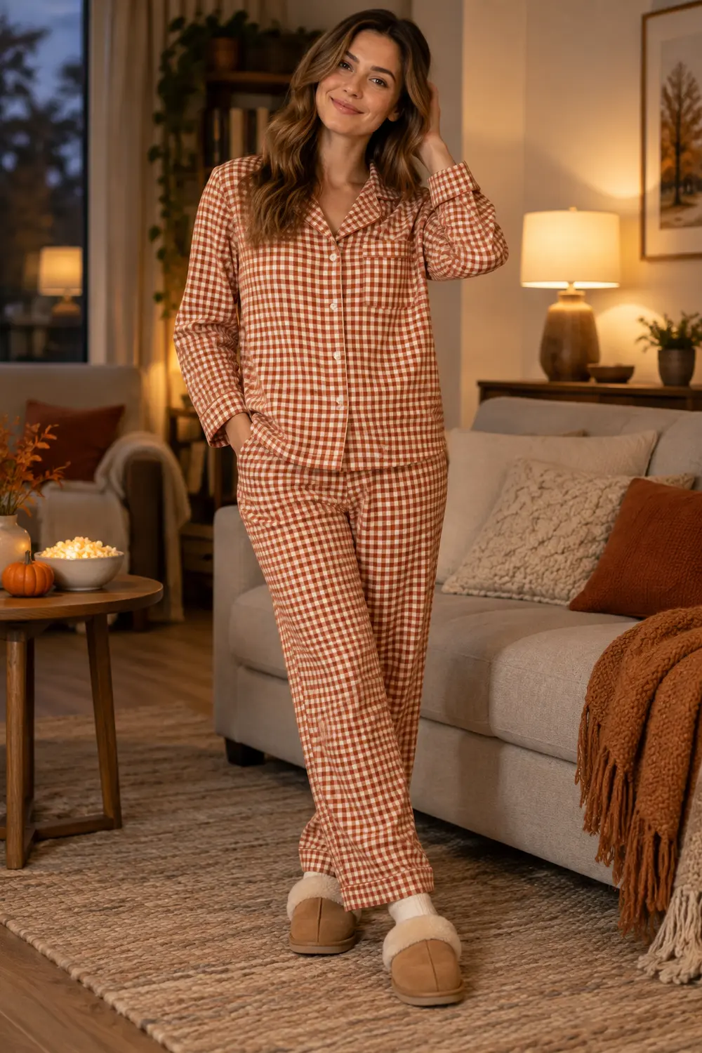Matching burnt-orange and cream small-check cotton pajama set with long-sleeve button shirt and straight-leg pants, cream socks, tan soft house slippers