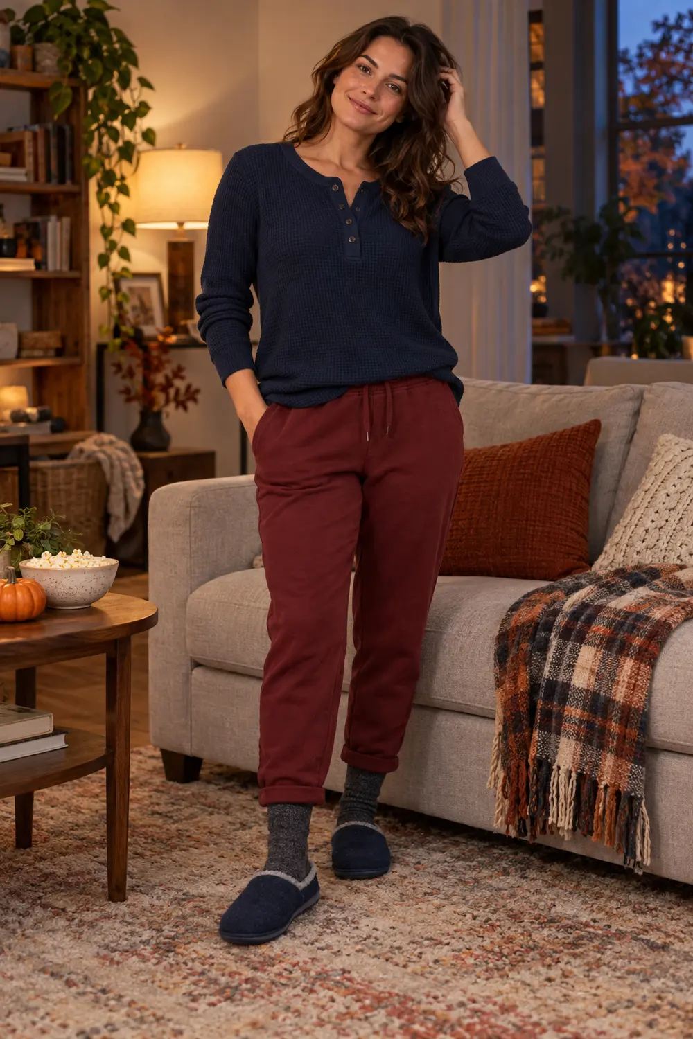 Navy waffle-knit long-sleeve henley top, burgundy cuffed cotton joggers, charcoal socks and navy felt slippers