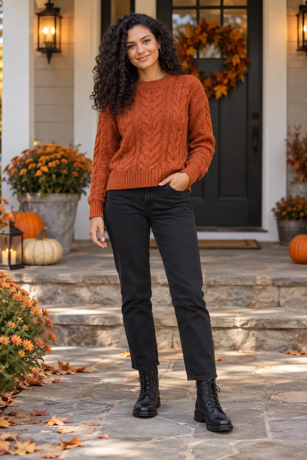 Halloween outfit ideas: burnt-orange cable-knit sweater, straight black jeans, and black lace-up boots