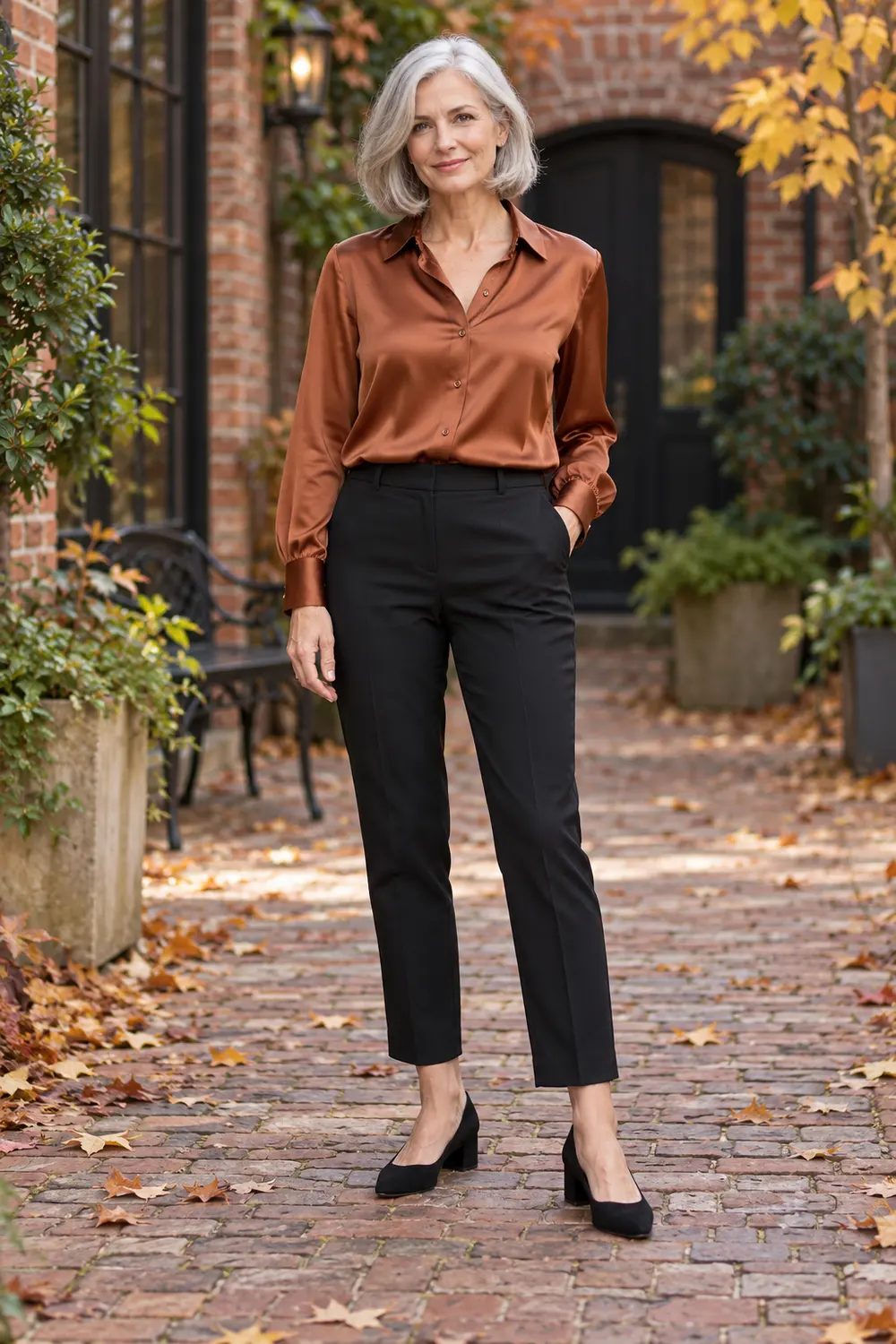 Copper satin blouse with black tailored ankle trousers and low black block-heel pumps