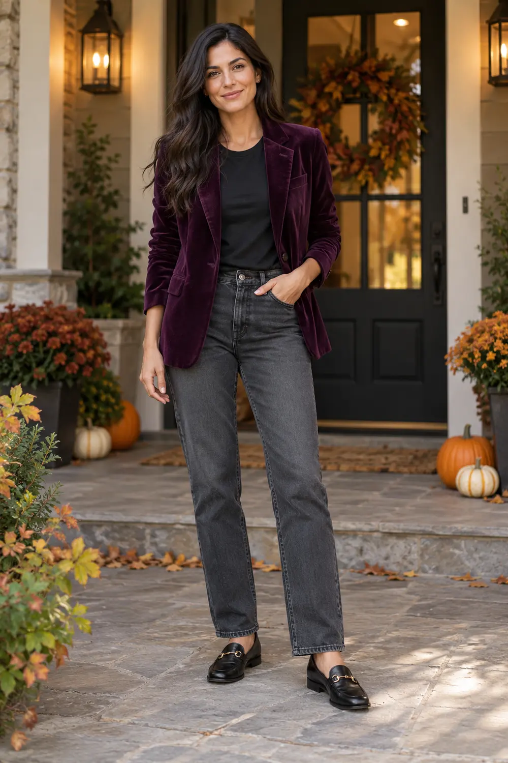 Deep-plum velvet blazer over a black tee with charcoal jeans and black loafers