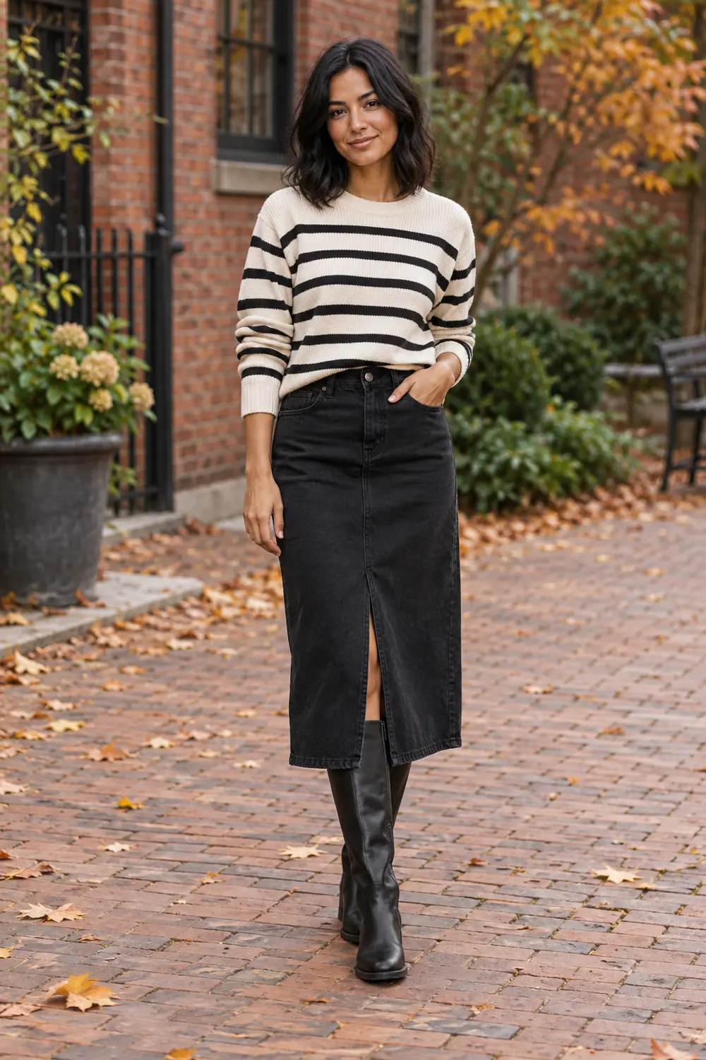 Ivory and black striped sweater with a black denim midi skirt and black knee-high boots