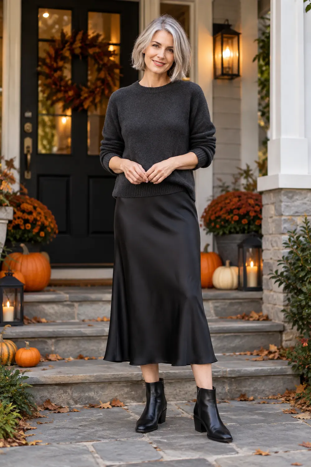 Black satin midi skirt paired with a charcoal sweater and black block-heel ankle boots