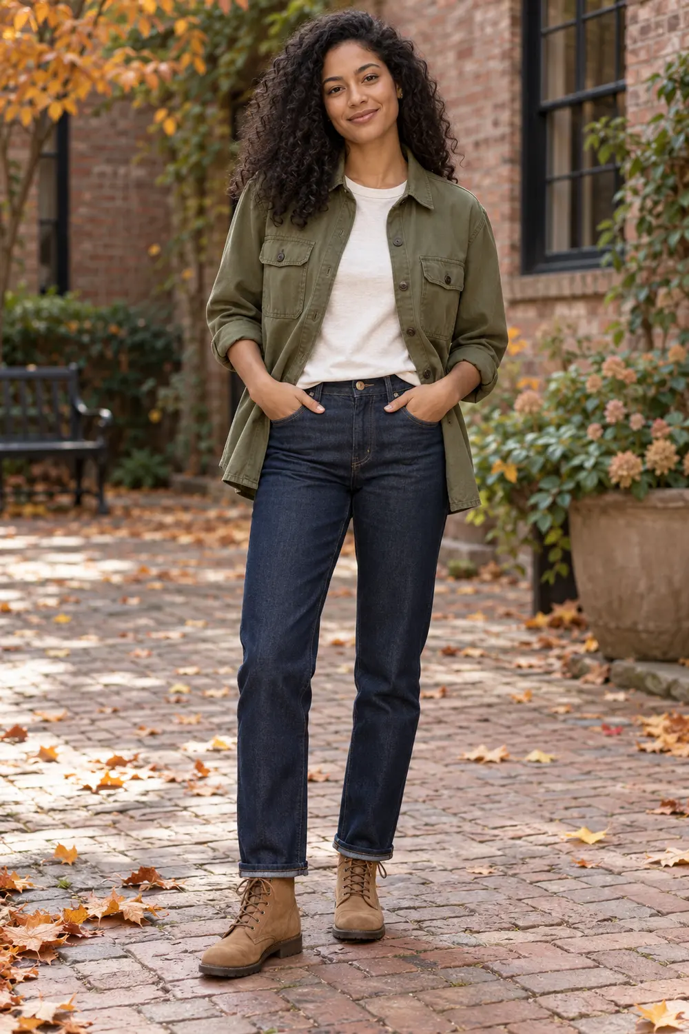Moss-green utility overshirt over an ivory tee with dark jeans and tan lace-up boots