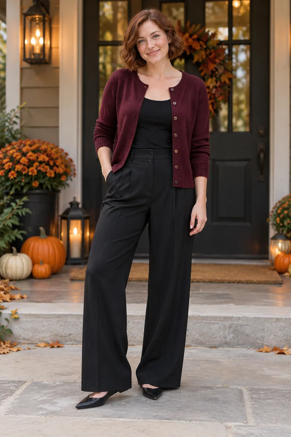 Burgundy cardigan over a black tank with black wide-leg trousers and pointed flats