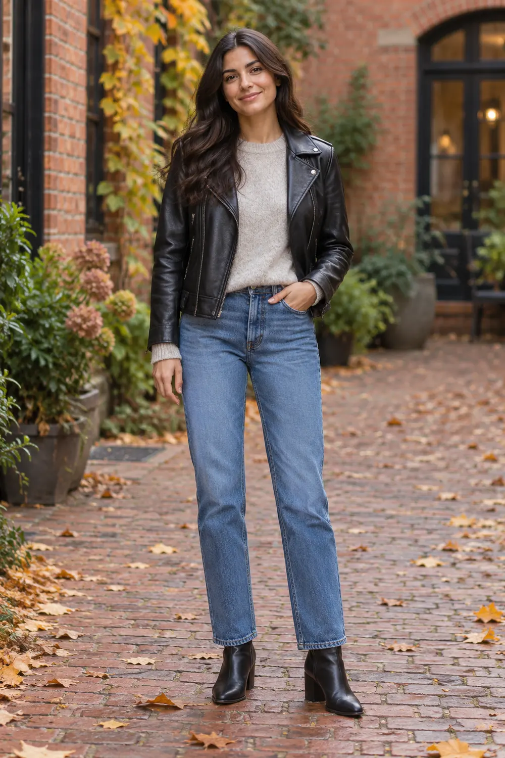 Black faux-leather biker jacket over an oatmeal sweater with blue jeans and black ankle boots