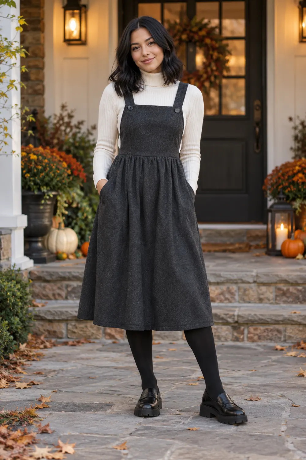 Charcoal midi pinafore over an ivory turtleneck with black tights and chunky loafers