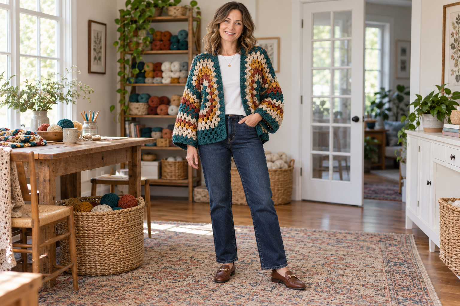 Woman wearing a teal, rust, oatmeal, and gold crochet hexi-cardigan with jeans and loafers
