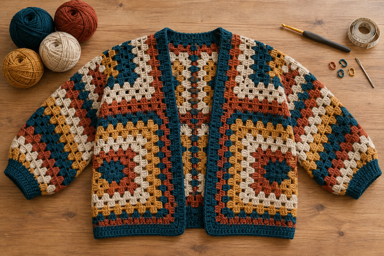 Finished multicolor crochet hexi-cardigan laid flat with yarn and crochet tools
