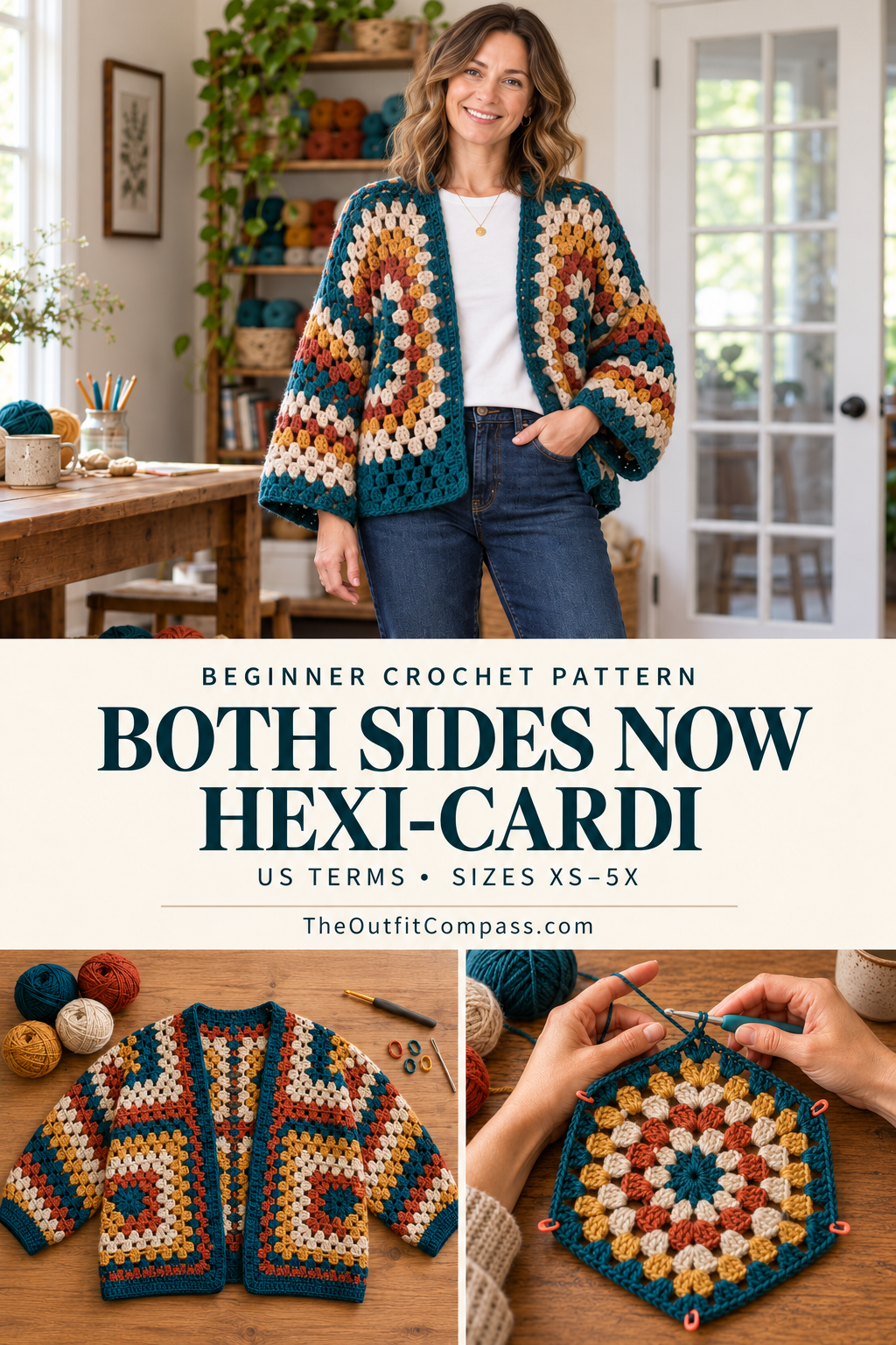 Pinterest pin for the beginner Both Sides Now crochet hexi-cardi pattern in sizes XS to 5X