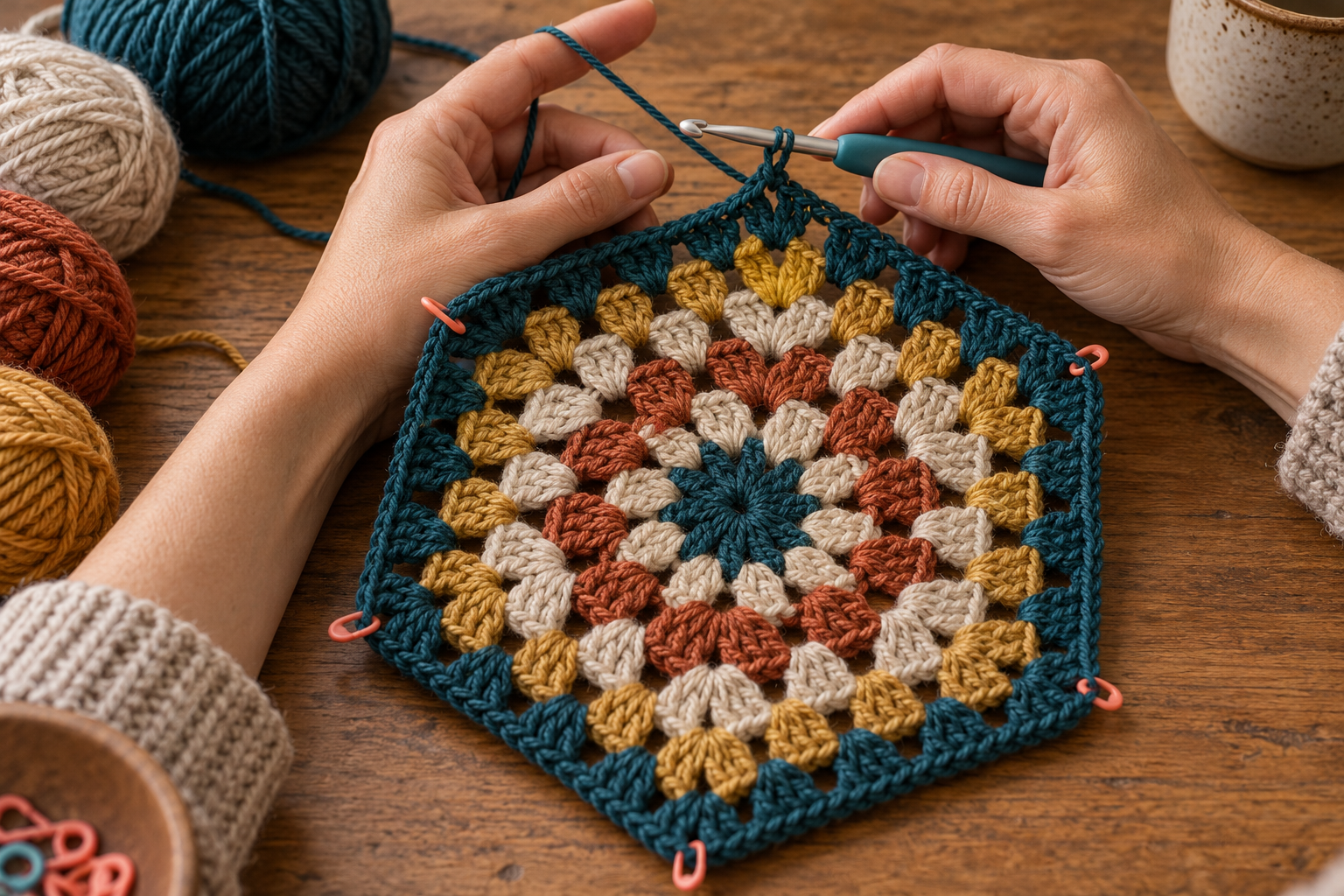 Hands crocheting a six-sided granny-stitch hexagon in teal, rust, oatmeal, and gold